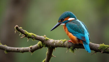 Obraz premium Close-up of a Common Kingfisher Perched on a Mossy Branch