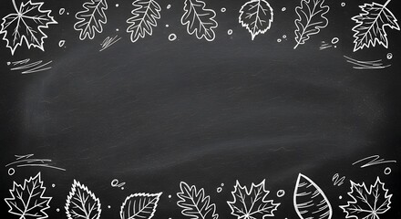Hand-drawn chalk art border with a variety of autumn leaves on a textured black chalkboard, creating an ideal background for seasonal content