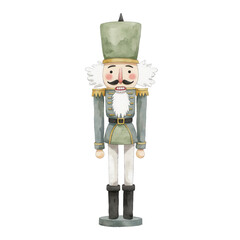 Wooden nutcracker soldier in festive attire for New Year and Christmas decorations, traditions  