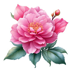 Lush Pink Peony Flower with Buds and Green Leaves on White Background floral bloom