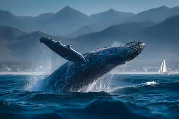 Fototapeta premium Humpback whale breaches ocean surface with mountains and sailboat in background view scene