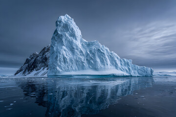 Majestic iceberg floats in antarctic waters reflecting off the ocean under a cloudy sky