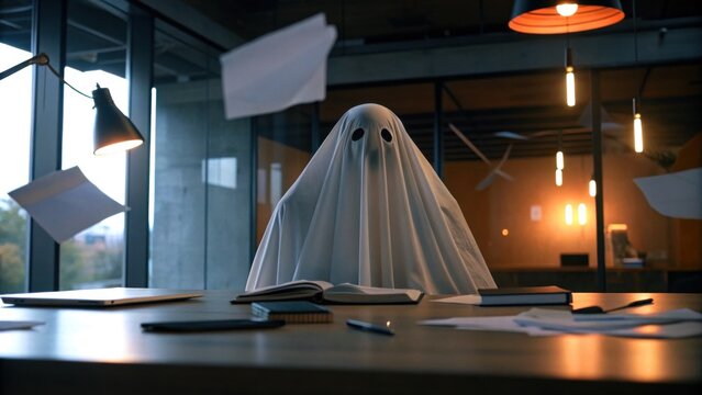 Ghost on office desk in Halloween theme. A ghost figure sits at a desk surrounded by floating papers in a dimly lit office space.
