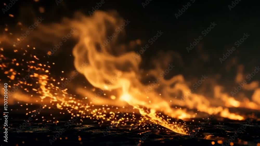 Poster the type of fire or glowing coals. we see sparks ahead. sparks are actively moving, creating a dynam