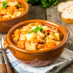 Hearty stew in rustic bowl on wooden table
