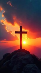 Symbolic depiction of Christian salvation; a cross silhouetted against a vibrant sunrise, suggesting hope, redemption, and new beginnings , heaven, bible, immortal