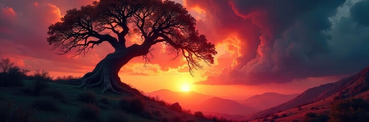 Twisted, gnarled trees writhe in a fiery sunset, their branches clawing at a stormy sky A landscape of intense, untamed nature, radiating anger and power , fury, scary, vibrant