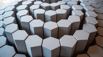 Obraz premium Abstract arrangement of light gray hexagonal prisms in a honeycomb pattern background texture