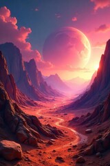 Vast, desolate landscape of an alien planet  Crumbling rock formations stretch to a hazy horizon under a vibrant, alien sky  A sense of epic scale and otherworldly beauty  ,  atmosphere,  horizon