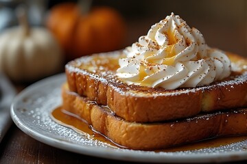 plate of pumpkin spice french toast topped with whipped cream and maple syrup