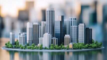 Miniature city model on a circular platform, reflecting in water