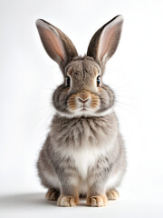 Obraz premium Funny bunny or baby rabbit fur gray with long ears is standing for Easter Day on isolated white background.