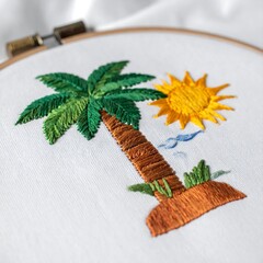 Hand-embroidered palm tree and sun