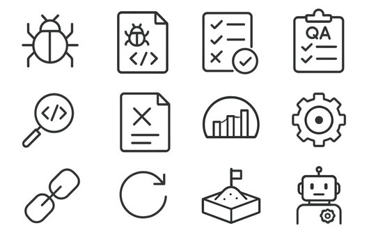 Regression test code magnifying icon software vector testing sandbox bug link checkmark