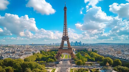 Panoramic view of the Eiffel Tower in Paris, with cityscape and parkland below, under a vibrant blue sky dotted with puffy clouds