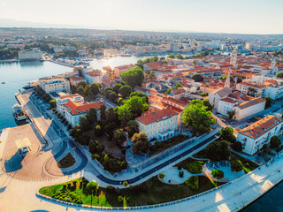 Obraz premium Zadar historic peninsula roman architecture city. Dalmatia region of Croatia coast beach. Historical Roman Forum, Bell Tower and Cathedral building