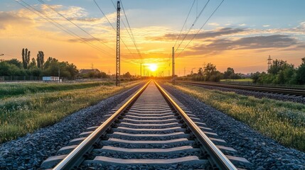 Obraz premium Railroad tracks stretching into a golden sunset