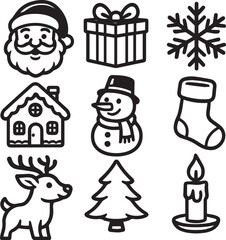 Christmas icon set vector with holiday symbols gifts Santa tree snowman decorations and festive elements