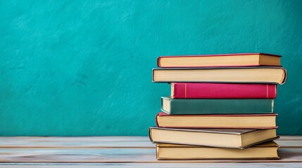 Stack of colorful books on a wooden surface against a teal background