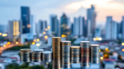 Stacks of coins forming a graph over a cityscape