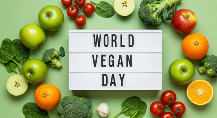 World Vegan Day Message in Light Box with Fresh Fruits and Vegetables Flat Lay