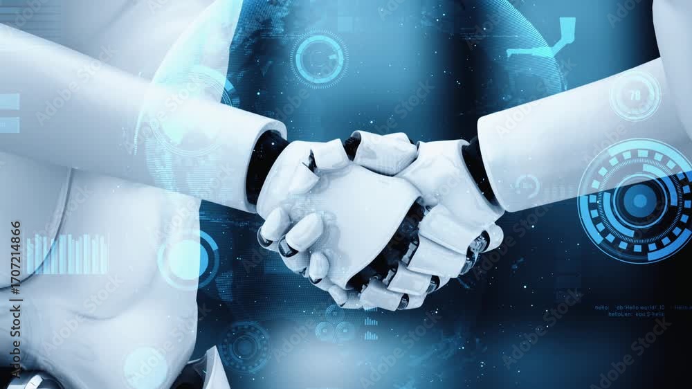 Poster futuristic robot artificial intelligence huminoid ai for industrial factory technology development a