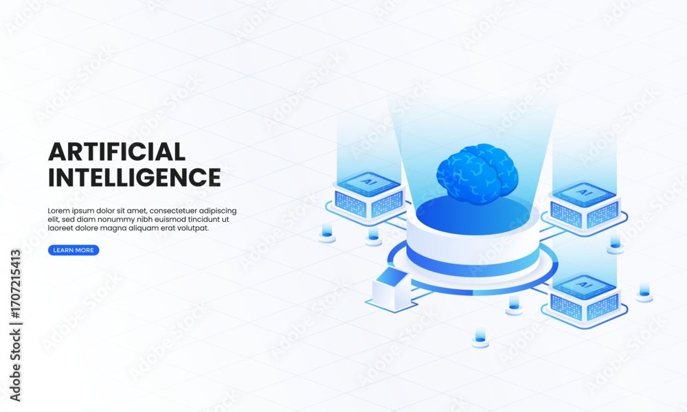 Poster artificial intelligence chip isometric vector illustration. smart ai chip technology, computer elect