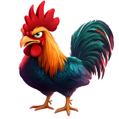 Fototapeta premium Angry Rooster Illustration with Vibrant Teal and Red Feathers on Transparent Background