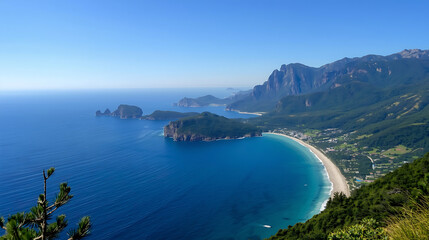 Fototapeta premium The coastal landscape is stunning, featuring a deep blue sea, green hills, rocky mountains, small islands, and graceful curves with lush forests and cliffs.