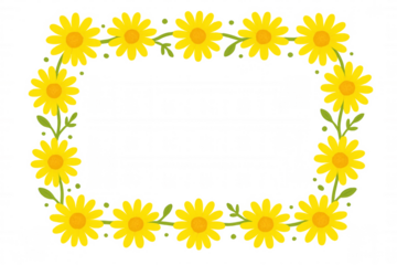 Delicate yellow daisy blossoms and verdant leaves forming elegant floral rectangular frame against transparent backdrop