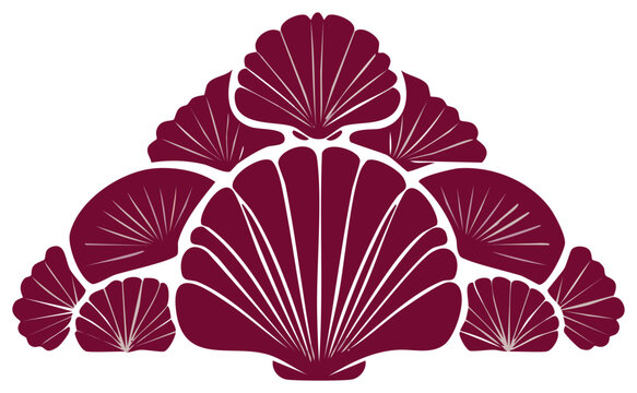 Arrangement of Fan-shaped Shells in a Stylized Floral Composition with Linear Accents in Maroon