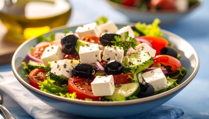 Fresh salad with feta cheese, vegetables, and olives