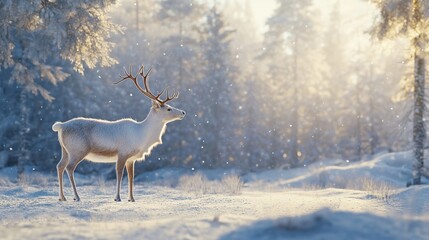 Obraz premium Elegant Reindeer Standing on Snow in a Frosty Forest Under Soft Morning Light Highlighting Winter’s Tranquility Beauty