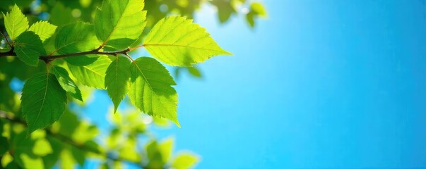 Vibrant green leaves of a tree reaching towards a clear, azure blue sky on a sunny day Perfect for nature, spring, or environmental themes , natural, organic, spring