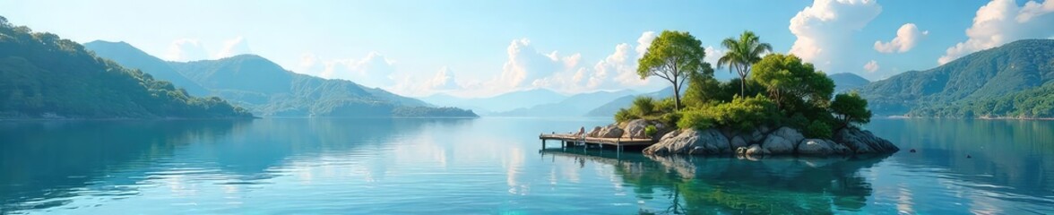 Fototapeta premium Tranquil scene of a floating dock island nestled amongst calm water, lush greenery, and clear blue skies Perfect for relaxation and escape , lake, environment
