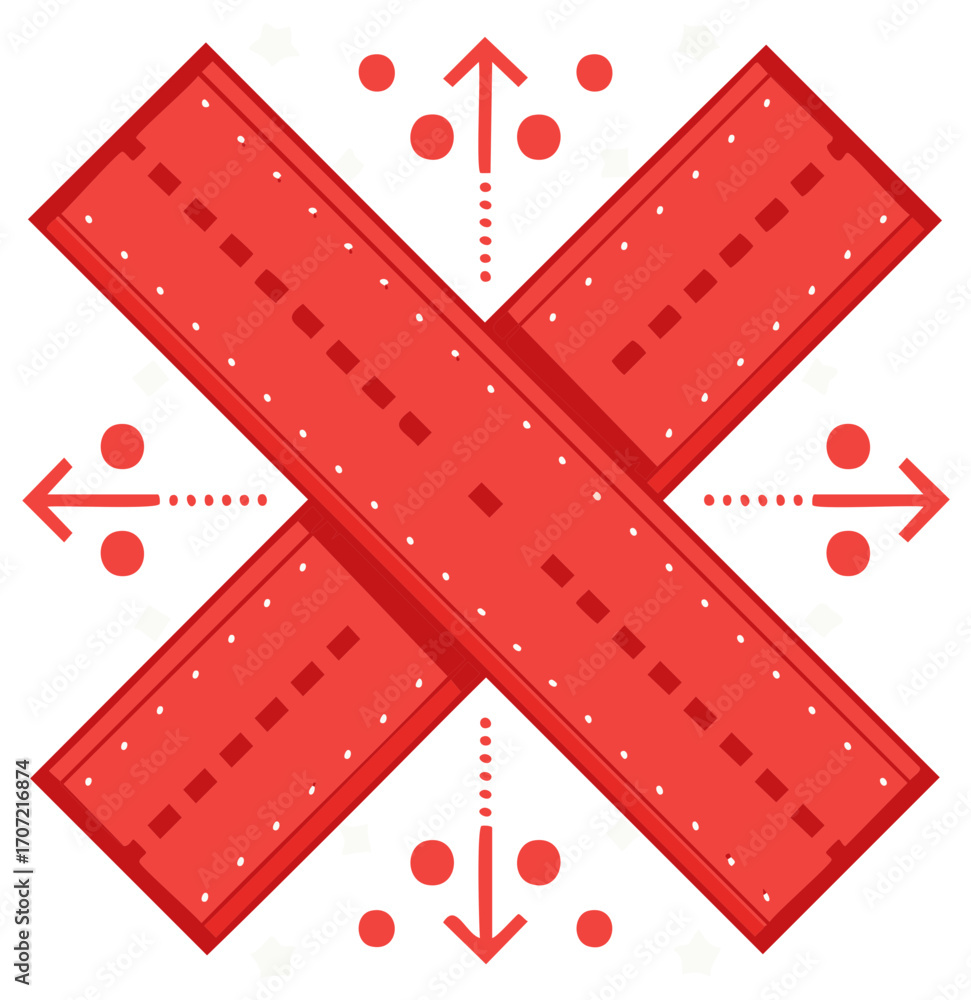 Poster red x shape with directional arrows and dotted lines in a digital abstract illustration