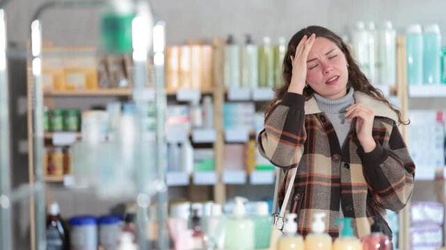 Young woman buyer scanning qr code for box of ointment in pharmacy