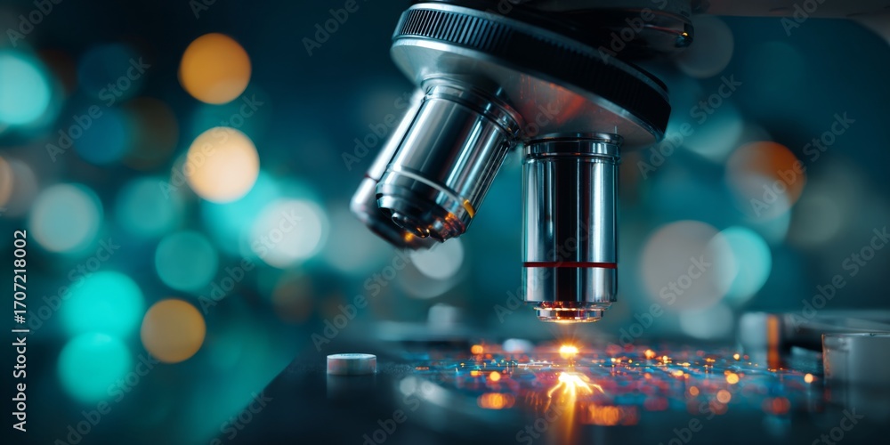 Poster a laboratory microscope with data visualizations and green bokeh background showcasing scientific re