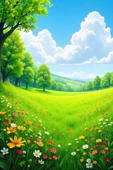Vibrant green meadow bursting with wildflowers and lush grasses under a bright summer sky  Perfect for nature, ecology, and environmental themes ,  colorful,  sky