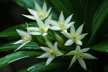 Fototapeta premium Close-up of cluster of white flowers with green leaves