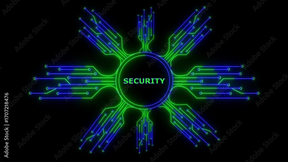 Poster glowing neon hud-style circle with circuit board lines, and the center text says 
