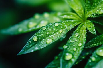 Close-up of vibrant green leaves covered in dew drops