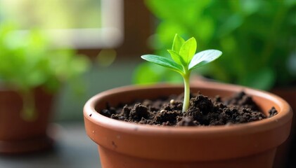 Vibrant green sprouts emerge from rich soil in a rustic terracotta pot, thriving indoors under soft sunlight  Perfect for gardening, home decor, and spring themes ,  seedlings,  eco-friendly