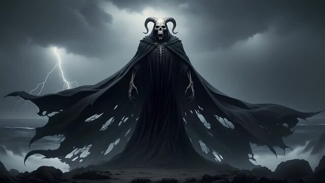 Horned reaper rising from sea, menacing dark hooded figure, dramatic lightning storm, horror concept, fear, fantasy, Halloween themed visuals, gaming content, epic movie background.