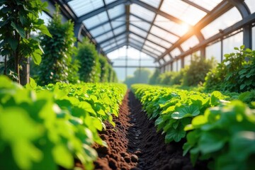 Vibrant green plants thrive inside a spacious glass greenhouse, bathed in sunlight Rows of healthy foliage showcase flourishing growth and agricultural abundance , bright, organic, plant growth