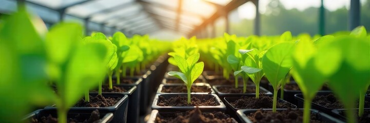 Vibrant green seedlings thriving in a modern greenhouse, bathed in sunlight Rows of healthy plants growing in well-maintained containers , sustainable, environment