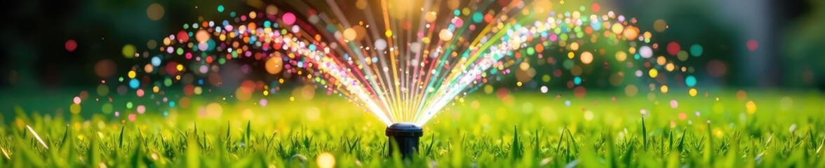 Vibrant rainbow water arc from a rotating sprinkler, showering a lush green lawn with colorful droplets  Perfect for summer, garden, and playful themes ,  playful,  sunlight