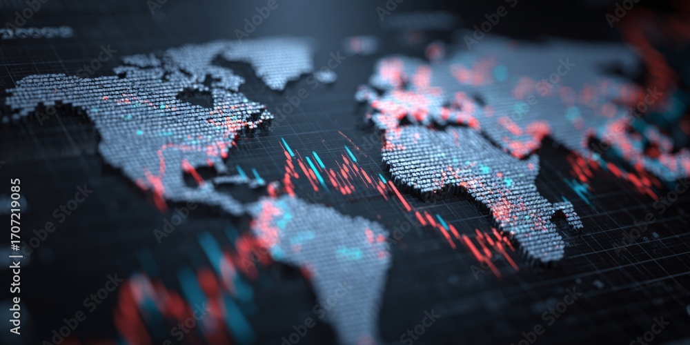 Poster digital world map with data points and graphs reflecting global connectivity and technology trends