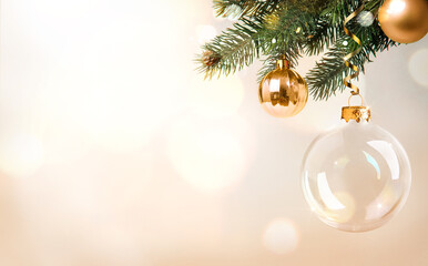 Christmas background with golden baubles, transparent glass on spruce branch