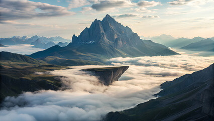 Majestic mountain peak rises above a sea of clouds in a scenic landscape